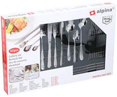 alpina Tafelbesteck 42-teilig aus Edelstahl, spülmaschinenfest mit elegantem Design, rostfrei, Mehrfarbig, Media