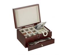 Relaxdays Schmuckkästchen klein mit Spiegel, Schmuckschatulle Holz, Aufbewahrung, Schmuckbox HBT 10x18,5x13 cm, braun