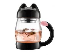 BZY1 Süße Katzen Glas Teetasse mit Deckel und Sieb,Tragbare Titzebeständige Teetasse Geeigenet für Büro und Zuhause, 420ml,(Schwarz)