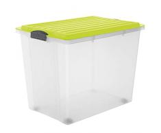 Rotho Aufbewahrungsbox 70l mit Deckel und Rollen, Kunststoff (PP), Transparent/Lime grün, 70 Liter (57 x 39,5 x 43,5 cm)