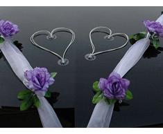 Autoschmuck Organza M + Herzen Auto Schmuck Braut Paar Rose Deko Dekoration Hochzeit Car Auto Wedding Deko Ratan (Lila/Weiß/Weiß)