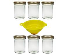 Viva Haushaltswaren 6 210ml, Sturzgläser, Marmeladengläser mit Schraubverschluss in Farbe Gold, inkl. einem Einfülltrichter Einmachglas, Glas, transparent, 6.6 x 6.6 x 9.2 cm, 6-Einheiten