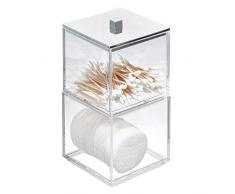 iDesign Kosmetik Aufbewahrung mit Deckel, hoher Stapelbehälter aus Kunststoff, Box zur Wattestäbchen oder Wattepads Aufbewahrung, durchsichtig und silberfarben