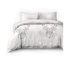 AmeliaHome 06785 2tlg Biber Bettwäsche 135x200 cm mit 1 Kopfkissenbezug 80x80 cm 100% Baumwolle Bettbezug Reißverschluss Snuggy Collection My Deer Friend Hirsch weiß grau schwarz
