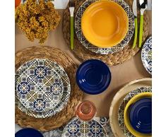 Mitterteich NCHR24Y289030 Set für 6 Personen, bestehend aus 6 Frühstücksteller ø20cm Speisetellern ø 25cm mit dekor, 6 Tiefentellern ø 20cm in Heller orange und 6 Bowls ø 15cm in dunkelblau, KERAMIK