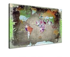 LANA KK - Weltkarte Leinwandbild mit KorkrÃ¼ckwand zum pinnen der Reiseziele â âWeltkarte Bunt darkâ - deutsch - Kunstdruck-Pinnwand Globus in braun, einteilig & fertig gerahmt in 120x80cm