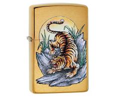 Zippo Unisex-Erwachsene Tattoo Design Brushed Brass Pocket Classic Lighter, Tiger aus gebürstetem Messing, One Size