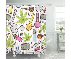 TOMPOP Duschvorhang grün Unkrautmuster Marihuana Kawaii Cartoon Muster weiß Cannabis wasserdicht Polyester Stoff Set mit Haken, Polyester-Mischgewebe, Silber, 72 x 72 inches