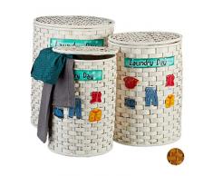 Relaxdays, weiß Bambus Wäschetonne 3er Set, Wäschekorb mit Deckel, herausnehmbarer Stoffbezug, luftdurchlässiger Korb