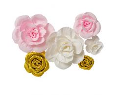 Memory Journey Krepppapier-Blumen, 6er-Set, handgefertigte Blumen, für Gold-Partys, Babyzimmer, Heimdekoration, Babypartys, Geburtstag, Hochzeit, Torbogen Dekoration (glänzend Gold + weiß + pink)