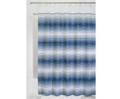 iDesign Enzo Duschvorhang Textil | pflegeleichter Duschvorhang aus Stoff mit verstärkten Löchern | Badewannenvorhang im Streifen-Design | Polyester navyblau/weiß