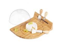 Relaxdays, Natur Käseglocke mit Bambus Käsebrett, Parmesanbrecher, Käsemesser, Käsegabel, magnetische Käseaufbewahrung, 11 x 31 x 25 cm