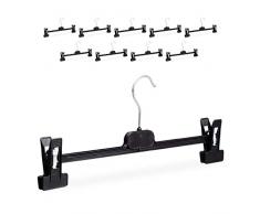 Relaxdays Hosenbügel Kunststoff, 10er Set, Klemmbügel verstellbar, drehbarer Metallhaken, HBT: 14 x 36 x 3 cm, schwarz
