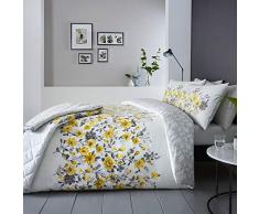 DnD Wendbare Tagesdecke „Gabriella“ mit prächtigem Blumenmusterband vorne und Blättern auf der Rückseite, 229 x 195 cm, Ocker, Doppelbett