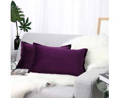 Lewondr Velvet Throw Pillow Case, 2 Pack Soft Solid Color Modern Square Pillow Case Throw Cushion Covers with Hem Stitch for Car Sofa Bed Home Decor, 12x20(30x50cm), Aubergine