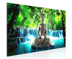 Bilder Buddha Wasserfall Wandbild 200 x 80 cm Vlies - Leinwand Bild XXL Format Wandbilder Wohnzimmer Wohnung Deko Kunstdrucke Blau 5 Teilig - MADE IN GERMANY - Fertig zum Aufhängen 503555b