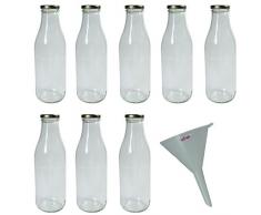 Viva Haushaltswaren #34767# 8 x Weithals-Glasflasche 1000 ml mit goldfarbenem Schraubverschluss, als Milchflasche, Saftflasche & Smoothieflasche verwendbar (inkl. Trichter Ø 9,5 cm)