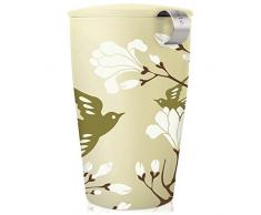 Keramikbecher Kati mit Teesieb und Deckel von Tea Forté, zum Aufgießen von Blatttees, Vogelgesang