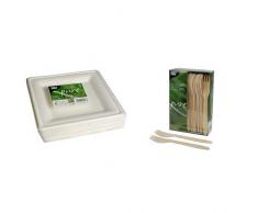 Papstar Pappteller / Einwegteller weiß, eckig pure (50 Stück) aus Zuckerrohr, 20 x 20 cm & Feiern & pure (100 Stück) 16.5 cm aus natürlich hellem Birkenholz für Grillfeste oder Geburtstage