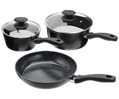 Russell Hobbs BW05743 Stone 3 Pfannen-Set, 16 und 20cm Stielkasserolle, 24cm Bratpfanne, keramische Antihaftbeschichtung, schwarz