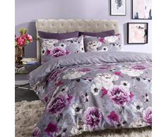 Sleepdown Wende-Bettbezug mit Blumenmuster, Baumwolle Polyester, grau, Doppelbett