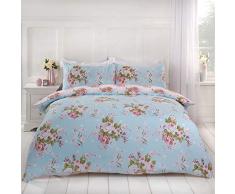 Dreamscene English Rose Bettwäsche-Set, Doppelbett, Blumenmuster, Hellblau