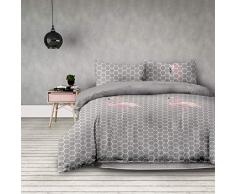 AmeliaHome 3tlg Bettwäsche 200x200 cm mit 2 Kissenbezügen 50x75 cm geometrisches Muster Microfaser Reißverschluss Basic Collection Flamingo Light grau rosa