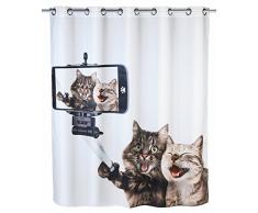 Wenko 22482100 Anti-Schimmel Duschvorhang Selfie Cat Flex, Anti-Bakteriell, wasserabweisend, waschbar, schimmelresistent mit integrierter Hängeeinrichtung, 100% Polyester, 180 x 200 cm, mehrfarbig