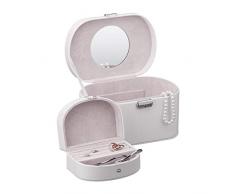 Relaxdays Kunstleder, abschließbar m. Schlüssel, ovaler Schmuckkoffer m. Schatulle f. Unterwegs, weiß Schmuckkasten, PU-Leder, 15 x 22 x 13.5 cm