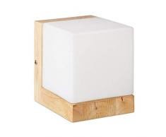 Relaxdays Wandleuchte Würfel, Würfellampe f. warmes Licht, E27, Milchglas, Holz,1-flammig, HBT: 15x12x15 cm, weiß/natur