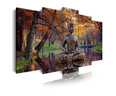DekoArte 17 - Modernes Bild mit Buddha vor Wasser in Herbstlandschaft, 5-teilige Leinwand, 150 x 80 cm