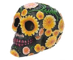 Puckator Dekofigur Totenkopf, Motiv Blume, Polyresin, Gelb/Grün/Rosa/Schwarz, 15 x 10,5 x 11,5 cm