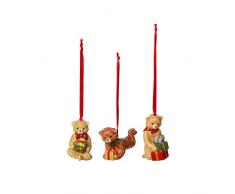 Villeroy & Boch Nostalgic Ornaments Teddy Set 3tlg., Teddybär-Figur als Baumschmuck oder Anhänger aus Hartporzellan, bunt