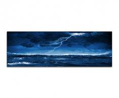 Panoramabild auf Leinwand und Keilrahmen 150x50cm Meer Wellen Sturm Gewitter Blitze Nacht
