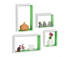 Relaxdays Wandregal, 4er Set, Hängeregal, Cube, für Bücher, DVDs, Deko, rechteckig, ungleichmäßig, weiß-grün