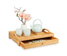 Relaxdays Bambus Serviertablett, entnehmbare Schublade, Frühstückstablett mit Griffen, H x B x T: 10 x 43 x 31 cm, natur