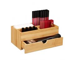 Relaxdays Bambus Kosmetik Organizer, multifunktional, 4 Fächer & Schublade, Schmuckkästchen, Ordnungsbox Büro, natur