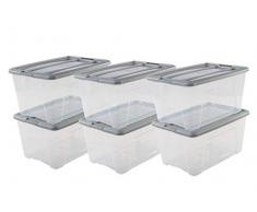 IRIS OHYAMA stapelbare Aufbewahrungsboxen mit Klickverschluss, Plastik, transparent, Grau Deckel, 45 L, 6er Set