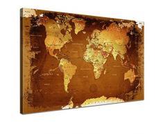 LANA KK - Weltkarte Leinwandbild mit Korkrückwand zum pinnen der Reiseziele – „Weltkarte Retro Bunt” - deutsch - Kunstdruck-Pinnwand Globus in braun, einteilig & fertig gerahmt in 120x80cm
