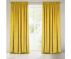 Eurofirany Samt Vorhänge Velvet Senf Gelb Kräuselband Edel Gardine Elegant Glatt Einfarbig Weich Wohnzimmer Schlafzimmer Lounge, Polyester, 140X270 cm