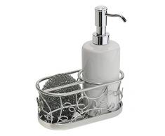 iDesign Twigz Seifenspender mit Schwammablage | Keramik Seifenspender mit einem Fassungsvermögen von 385 ml | inklusive Topfkratzer | Metall silber/weiß