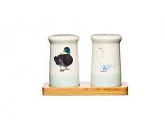 Kitchen Craft Apple Farm Handgefertigter Keramik Salz-und Pfefferstreuer mit Holzschale, Mehrfarbig, 5.5 x 12 x 8.5 cm