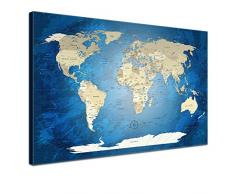 LANA KK - Leinwandbild World Map Blue Ocean Weltkarte - Englisch - Kunstdruck-Pinnwand auf Echtholz-Keilrahmen â Globus in Blau, Einteilig & fertig gerahmt in 100 x 70 cm