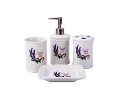 GMMH Landhaus Vintage BADSET Lavendel Badezimmer ZUBEHÖR Set SEIFENSPENDER WC BÜRSTE Keramik (4 er Set)