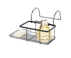 iDesign Badewannenablage, kleine Badablage zum Einhängen über der Wanne aus Metall, Badewannenregal ohne Bohren für Seife, Kosmetik, Bücher, Tablet und Handy, mattschwarz