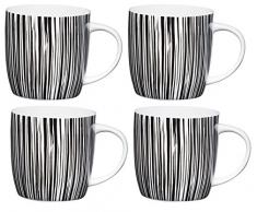 Kitchen Craft Tasse aus feinem Porzellan mit Tribal-Muster, Kaffeebecher, 425 ml, Schwarz/Weiß, Set mit 4 Stück, Verschiedene Designs, Knochenporzellan, Multi/Colour, 12.4 x 8.9 x 9 cm