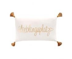 MeyProducts Kissenhülle Lieblingsplatz goldfarben Metallikdruck Baumwolle Quasten einfach zu Beziehen 50x30cm Handwäsche Kuschelecke Deko Schlafzimmer Wohnen