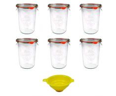 Viva Haushaltswaren - 6 x großes Weckglas/Einmachglas 750 ml mit Deckel in Sturzform, leeres Rundrandglas zum Einkochen - als Marmeladenglas, Dessertglas (inkl. Klammern, Ringen & Trichter)