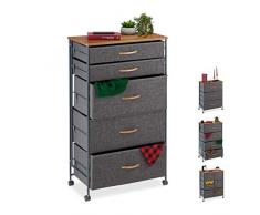 Relaxdays Schubladenschrank mit Rollen, 5 Stoff Schubladen, Deko Stoffschrank, Holzoptik, HBT 96,5 x 58 x 30 cm, grau