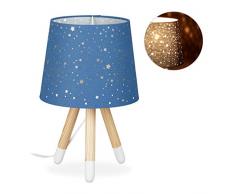 Relaxdays Tischlampe Kinderzimmer, Nachttischlampe für Jungen, E14, runder Stoffschirm mit Sternen, 40 cm hoch, blau